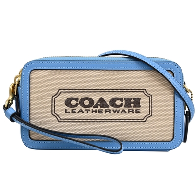 COACH Kira 簡約燙印LOGO撞色帆布拼接手提斜背兩用方包(卡其/藍)