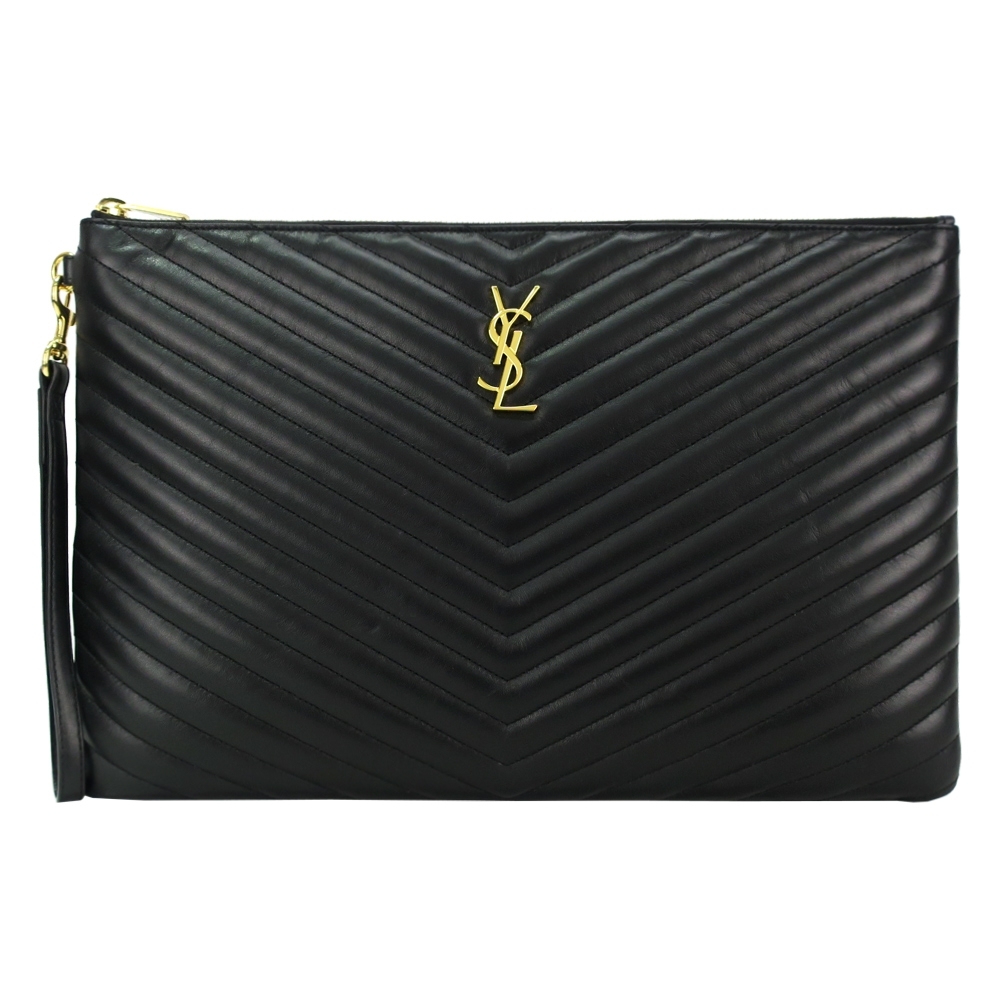 YSL SAINT LAURENT V字縫線牛皮金屬LOGO大手拿包(黑)