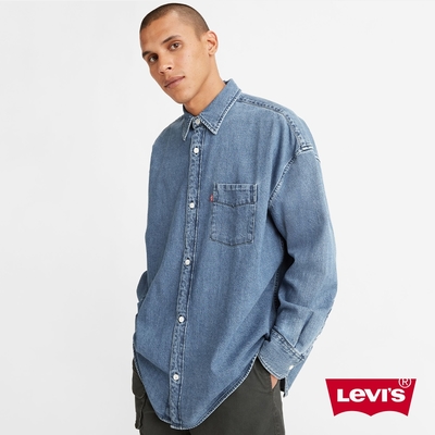Levis 男款 牛仔襯衫外套 / Oversize寬鬆版型 / 精工中藍染石洗 / 寒麻纖維