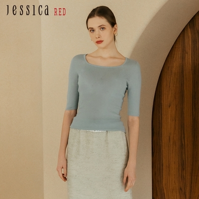 JESSICA RED - 簡約百搭羊毛混紡方領短袖針織衫82415A（藍）