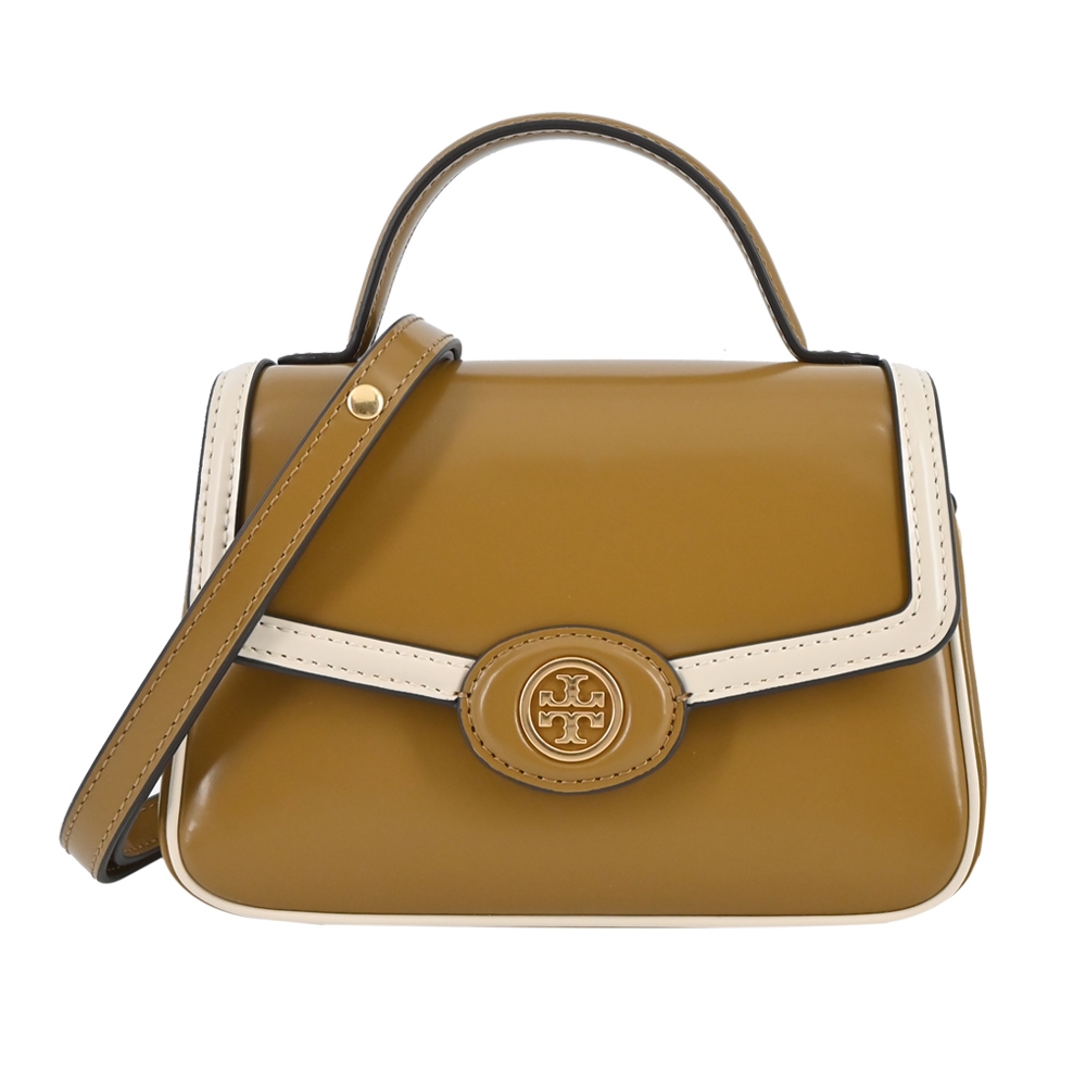 TORY BURCH 牛皮撞色翻蓋手提/斜背兩用包-小/棕/白