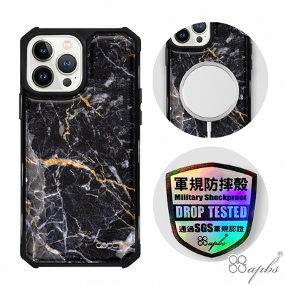 apbs iPhone 13 Pro Max / 13 Pro / 13 軍規防摔皮革磁吸手機殼-經典牛紋-大理石敦煌黑-黑殼