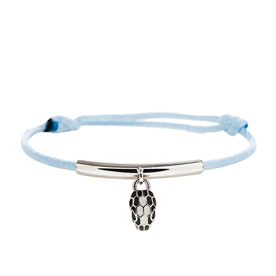 BVLGARI 新款琺瑯蛇頭SERPENTI FOREVER黃銅配飾絲緞材質手環 (淺藍色)