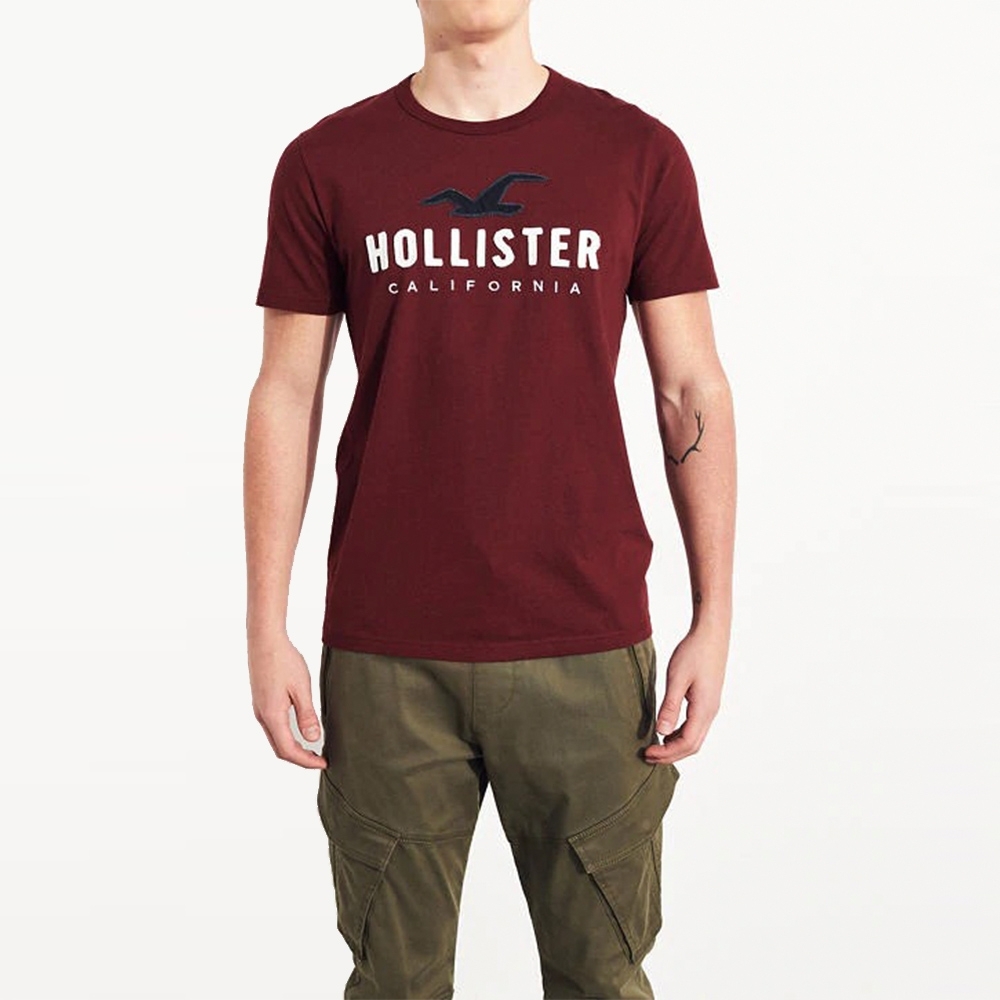 海鷗 Hollister HCO 經典刺繡大海鷗文字短袖T恤-酒紅色