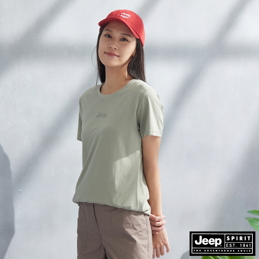 JEEP 女裝 素面LOGO刺繡短袖T恤-綠色