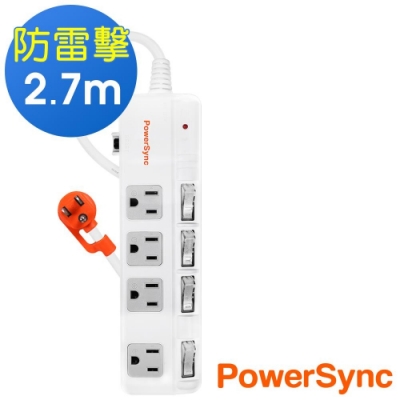 PowerSync 群加 3孔4開4插 斜面開關防雷延長線2.7米TPS344BN9027