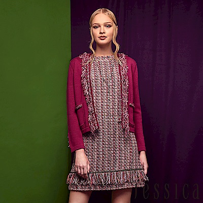 JESSICA - 氣質配色編織抽鬚混羊毛無袖洋裝