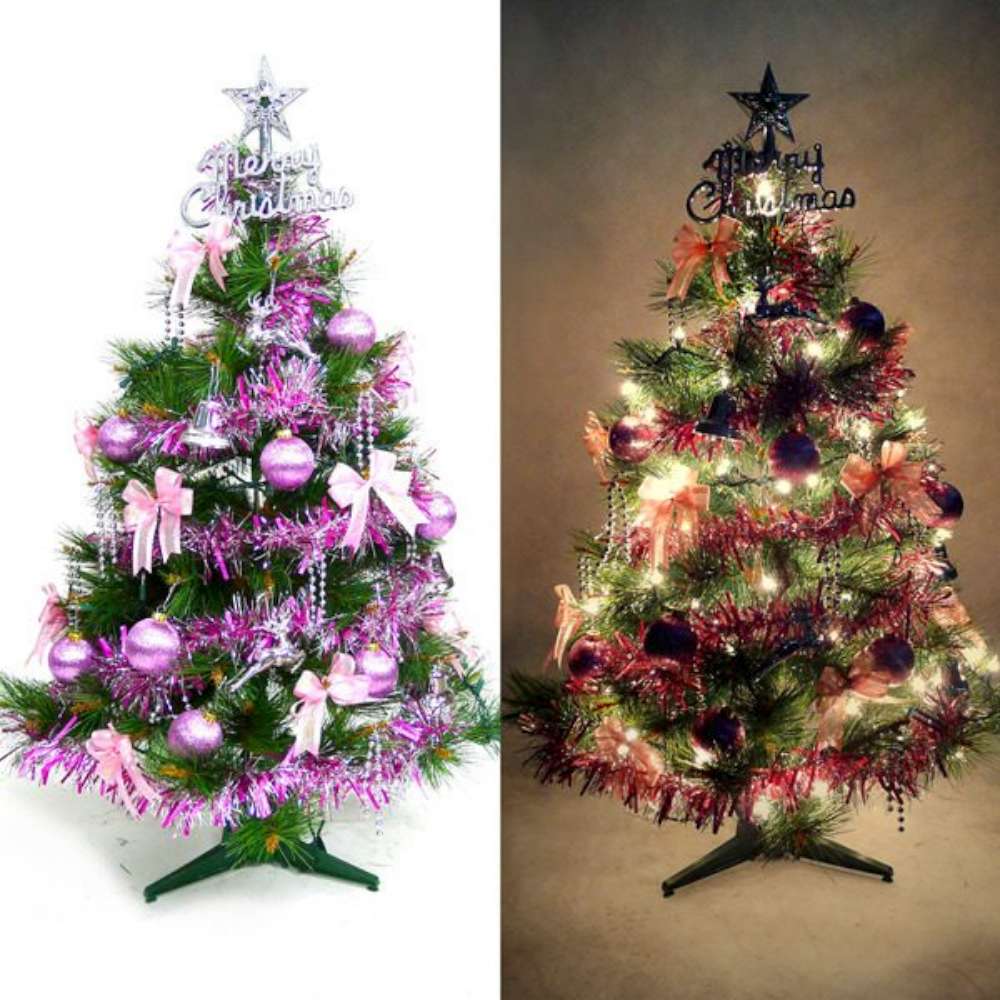摩達客 3尺(90cm)特級綠松針葉聖誕樹(銀紫色系配件)+100燈鎢絲樹燈一串