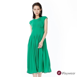KeyWear奇威名品    壓褶收腰氣質洋裝-綠色