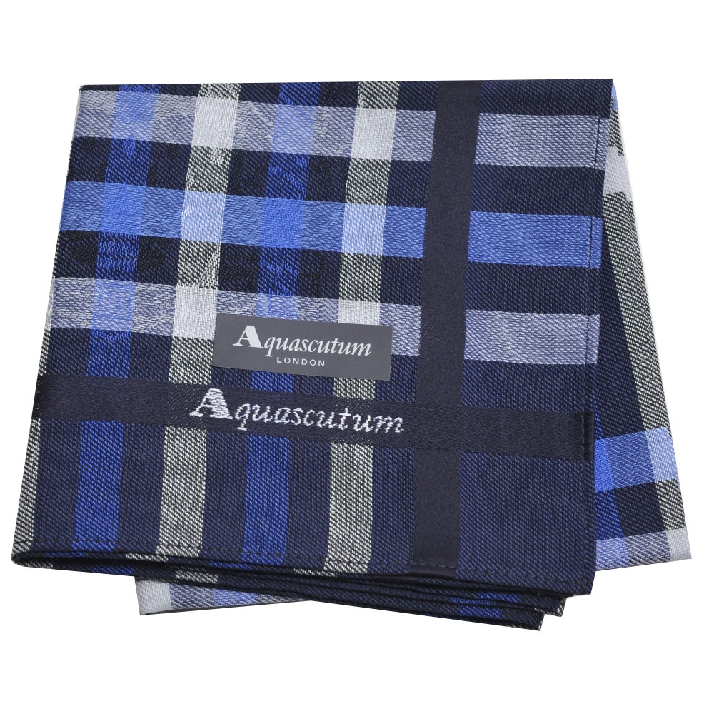 Aquascutum 經典品牌格紋字母LOGO皇室徽章浮水印帕領巾(深藍格)