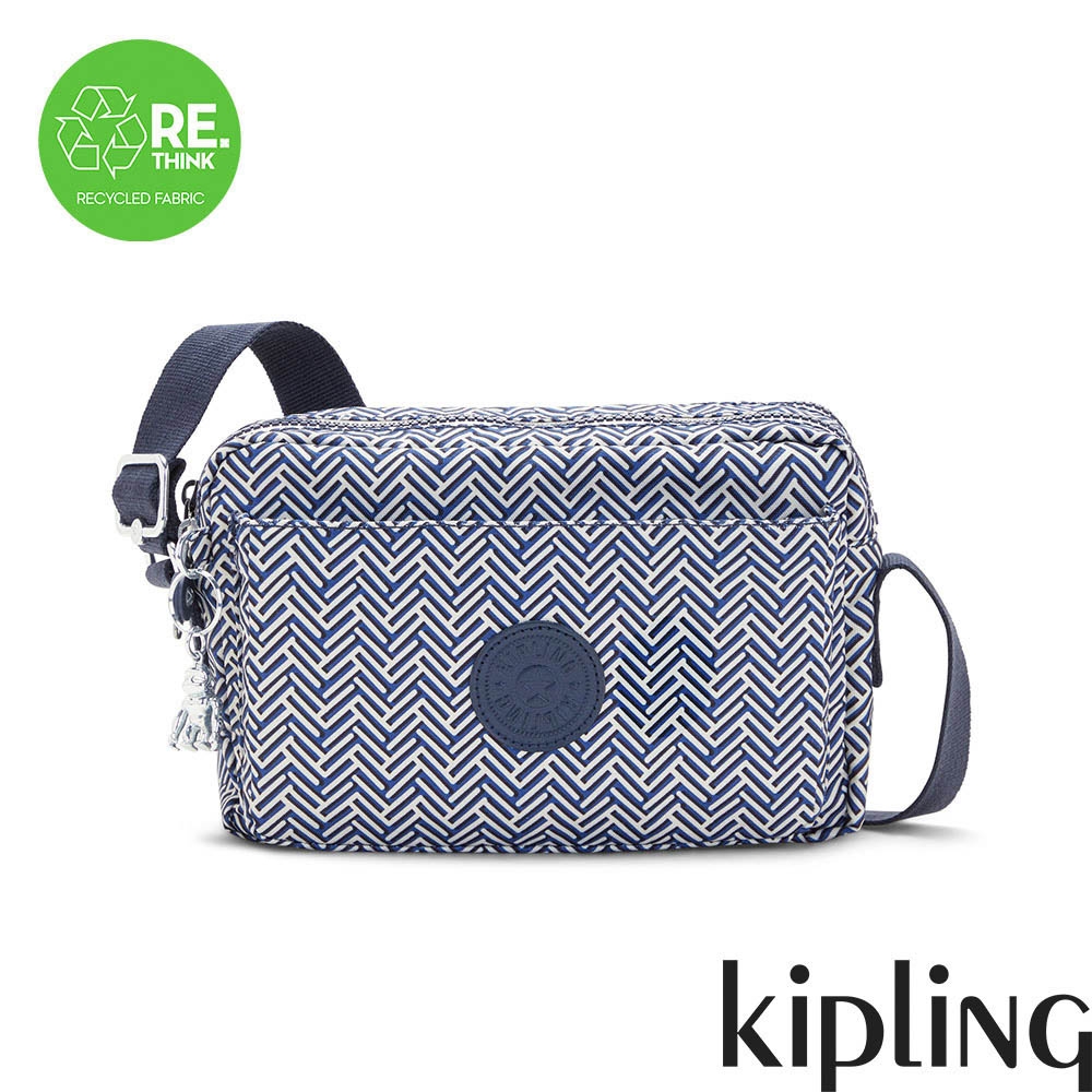 Kipling 藍白交織滿版條紋多層隨身斜背包-ABANU M