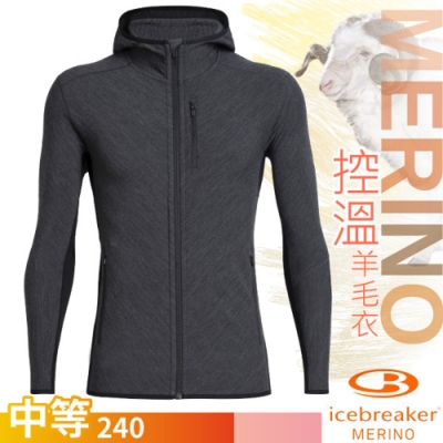 Icebreaker 男款 Descender 美麗諾羊毛 連帽保暖外套.RealFleece 中層夾克_灰/黑