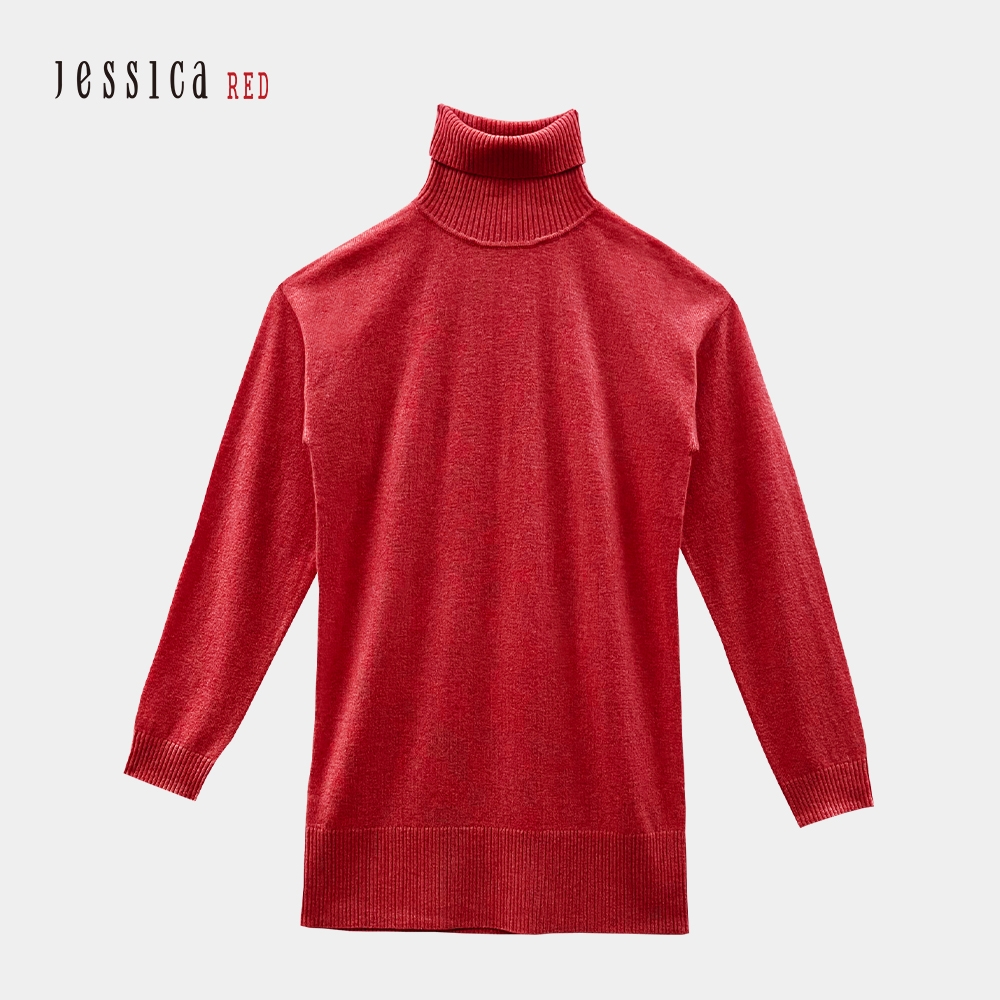 JESSICA RED - 經典羊絨混紡保暖舒適中長版高領毛衣（紅）