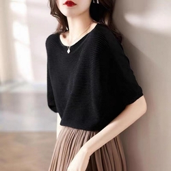 I.Dear-韓版寬鬆舒適線條感短袖圓領上衣針織衫(黑色)