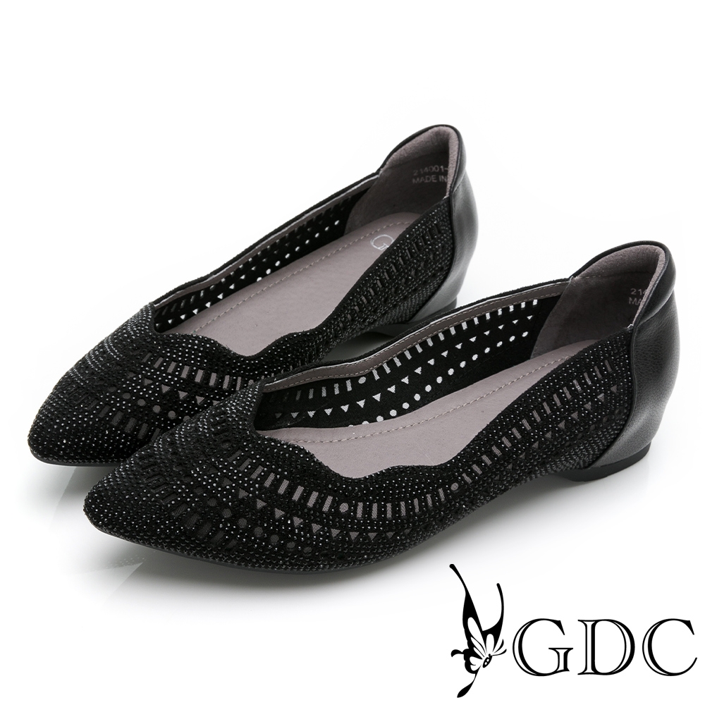 GDC-真皮簍空雕花水鑽宴會必備舒適內增高包鞋-黑色