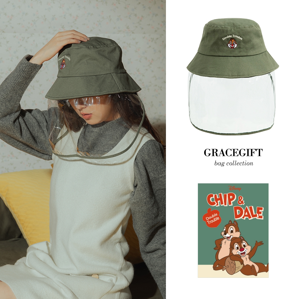 Disney collection by grace gift-迪士尼奇奇蒂蒂款防護兩用漁夫帽（可拆式）墨綠