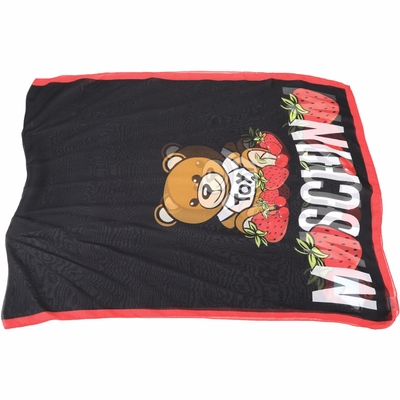 MOSCHINO 泰迪熊草莓字母印花黑色真絲披肩 圍巾