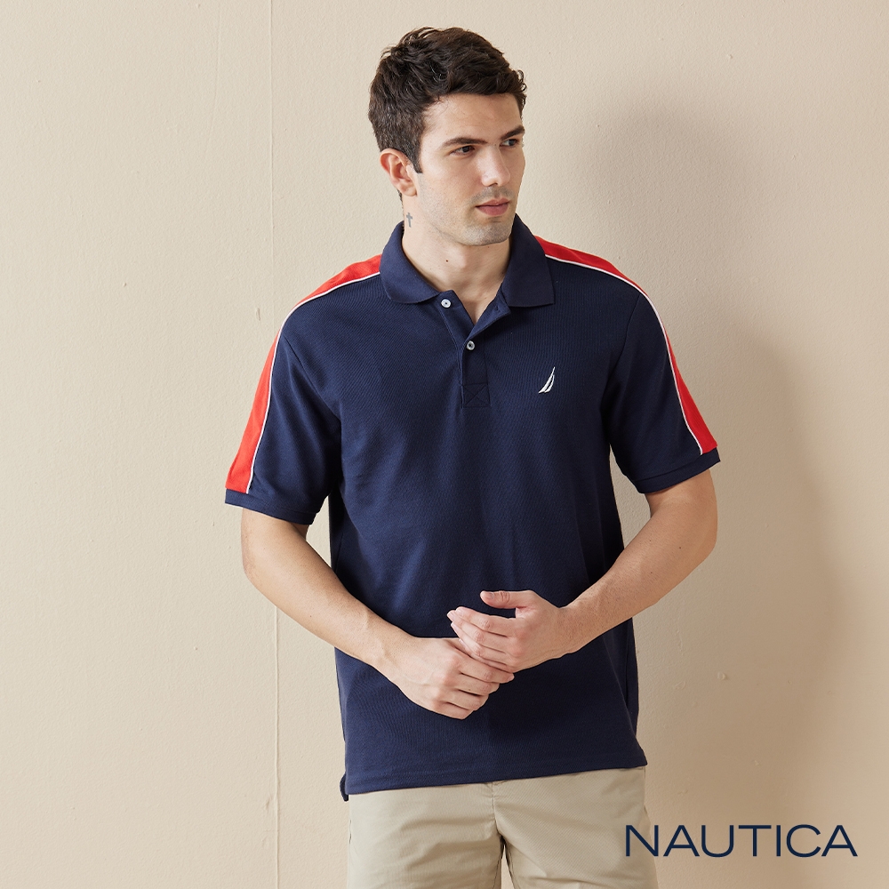 Nautica 男裝 跳色拼接短袖POLO衫-深藍色