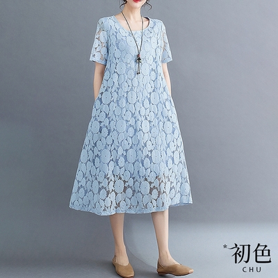 初色 文藝蕾絲圓領清涼感寬鬆短袖顯瘦休閒連身裙洋裝-共5色-67923(M-2XL可選)