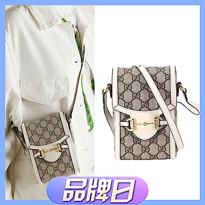 GUCCI  Horsebit 1955馬銜LOGO斜背手機包(白色)