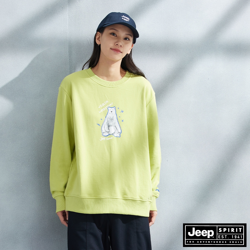 JEEP 女裝 俏皮北極熊圖騰設計大學T-綠色