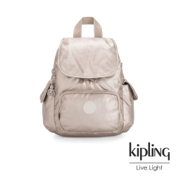 Kipling 都會時尚霧玫瑰金拉鍊掀蓋後背包-CITY PACK M