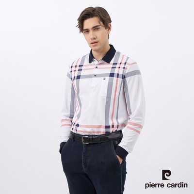 Pierre Cardin皮爾卡登 男款 大定位格印花長袖POLO衫-白色(5235296-90)