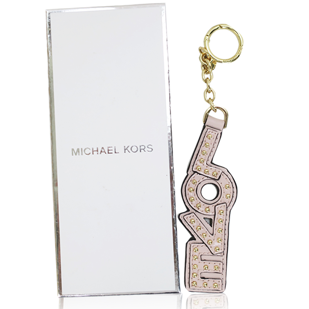 MICHAEL KORS LOVE鉚釘牛皮吊飾鑰匙圈(粉)