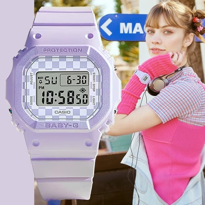CASIO 卡西歐 BABY-G 滑板文化 酷炫格子旗 精巧纖薄方形電子錶-紫色 BGD-565GS-6