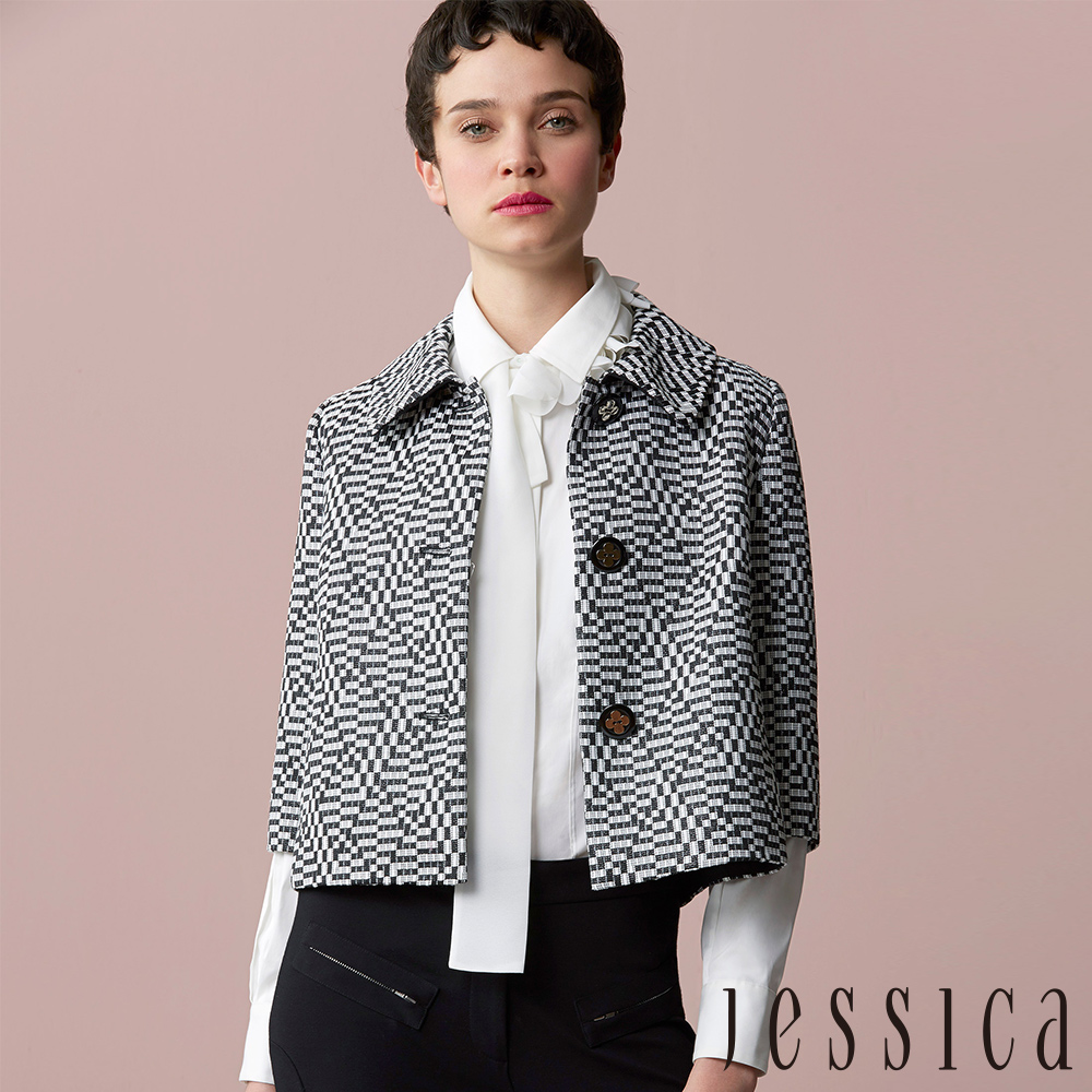 JESSICA - 率性幾何造型五分袖開襟外套（黑）