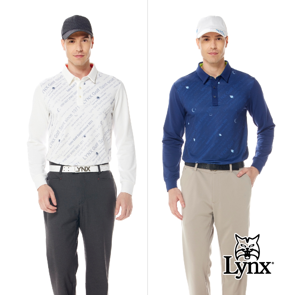 【Lynx Golf】男款合身版保暖舒適內刷毛材質星球Lynx字樣印花夾標長袖POLO衫(二色)