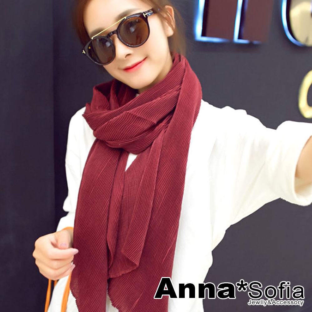 AnnaSofia 彈性波浪壓摺 拷克邊圍巾披肩(酒紅色)