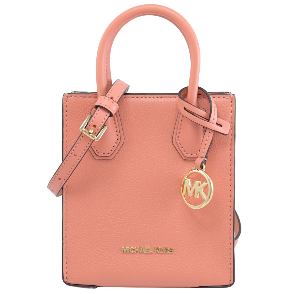 MICHAEL KORS MERCER 經典MK荔枝皮革迷你兩用手提包(粉橘)