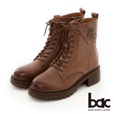 【bac】經典雙色感綁帶金屬飾扣裝飾短靴-棕色