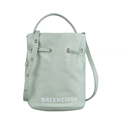 BALENCIAGA巴黎世家Wheel字母LOGO尼龍束口手提斜背水桶包(淡綠x白)