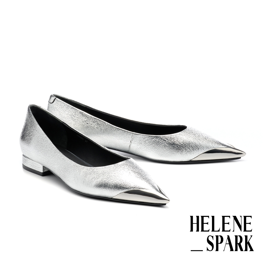 低跟鞋 HELENE_SPARK 率性優雅金屬拼接皺金屬羊皮尖頭低跟鞋－銀