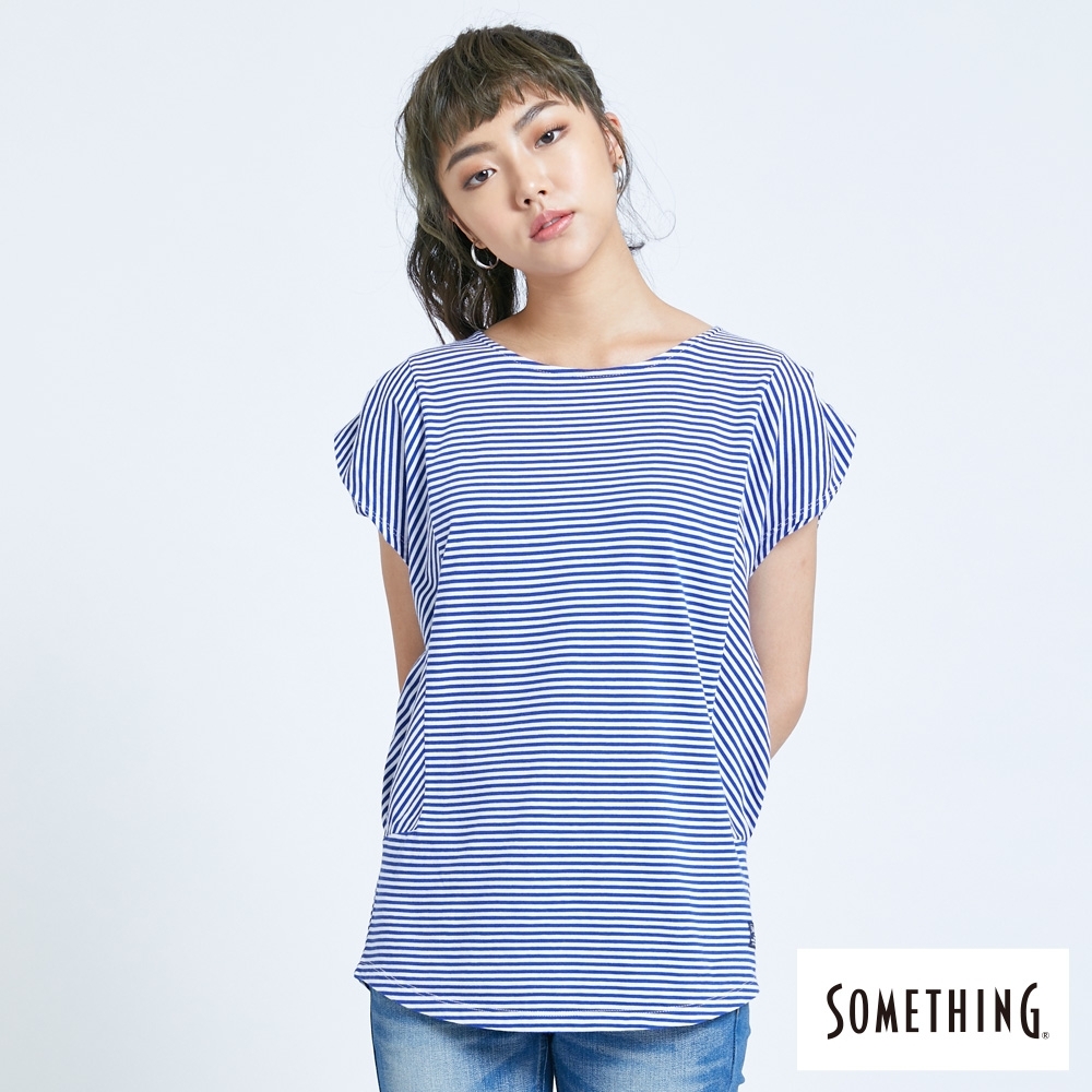 SOMETHING 百搭細條 短袖T恤-女-藍色