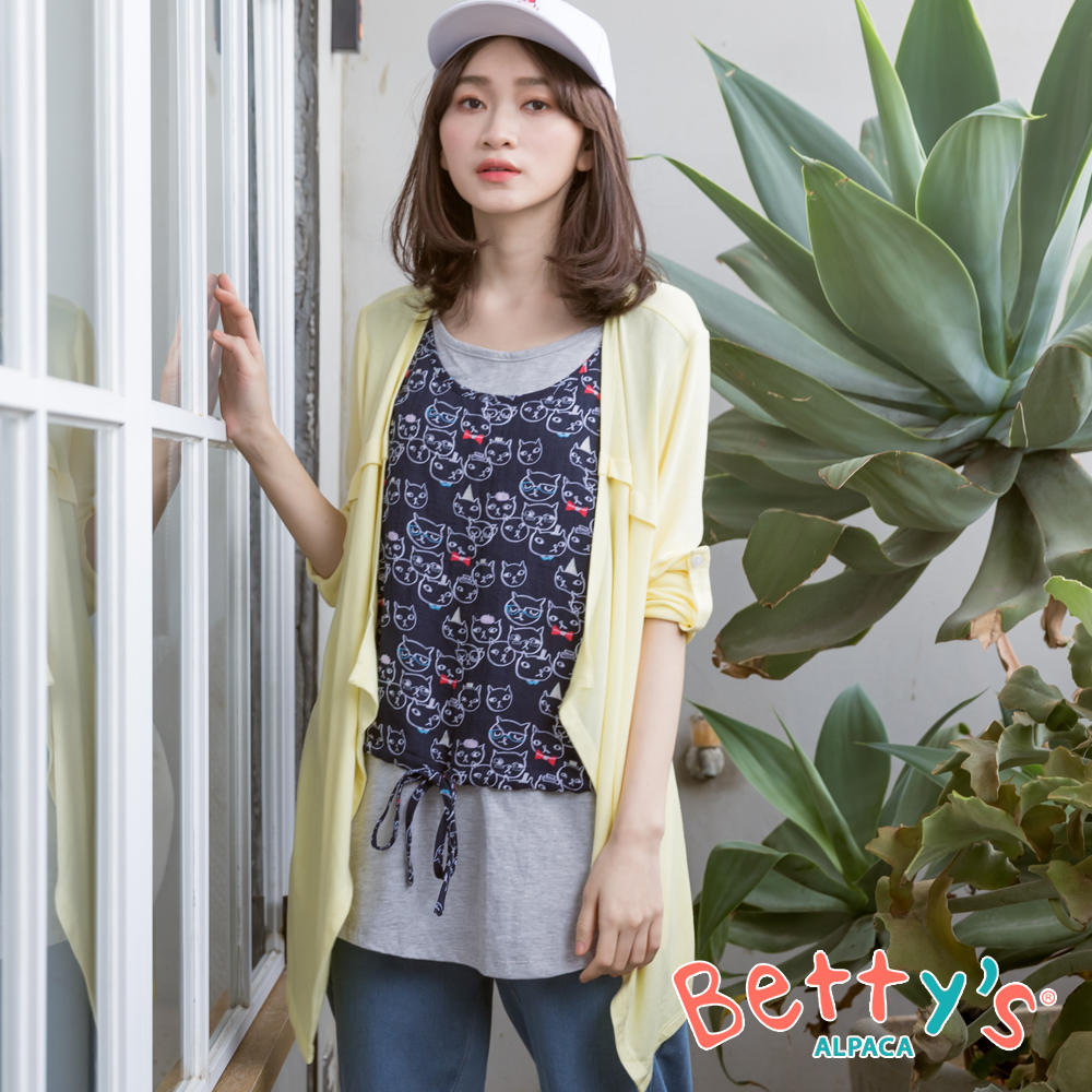 betty’s貝蒂思　外開襟貓咪印花假三件上衣(淺黃)