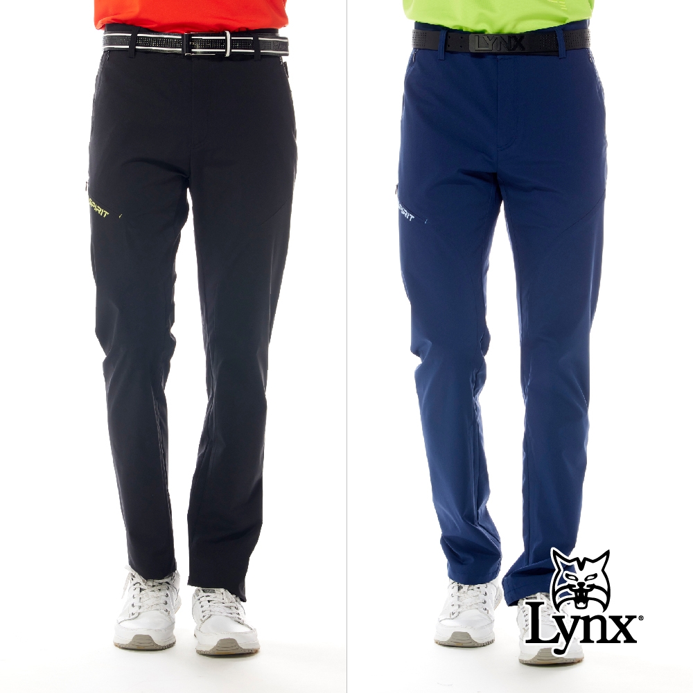 【Lynx Golf】男款日本進口布料防潑水機能隱形拉鍊大腿繡花側袋平口微窄管休閒長褲(二色)