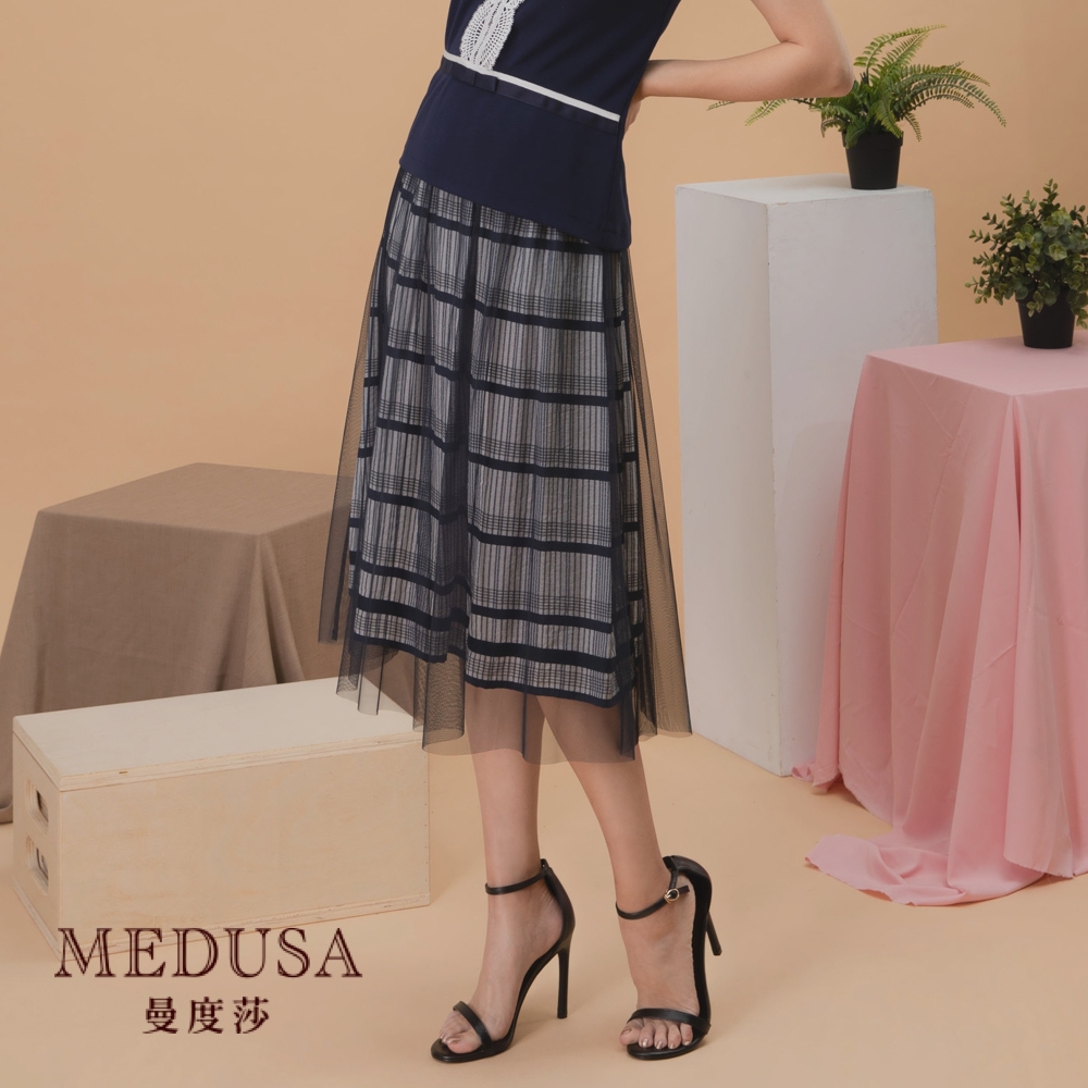 【MEDUSA 曼度莎】層次感藍白粗細格紋網紗裙（M-2L）｜女裝 短裙 中長裙｜加大尺碼