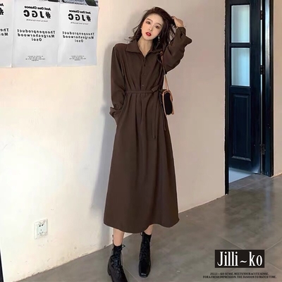 JILLI-KO 法式氣質中長款收腰連身洋裝- 咖啡/黑