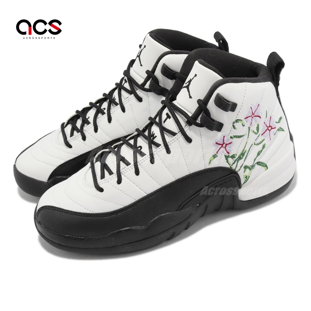 Nike Air Jordan 12 Retro GS 大童鞋女鞋白黑花緩震Floral 刺繡DR6956