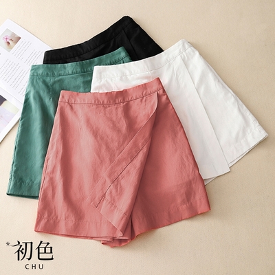初色 夏季休閒純色高腰不規則假兩件褲裙短褲-共4色-68453(M-2XL可選)