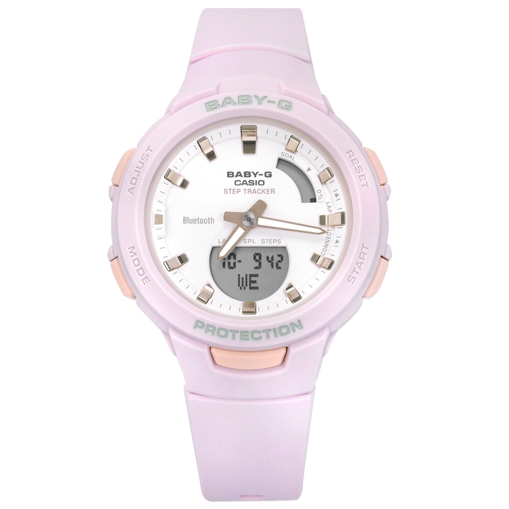 Baby-G CASIO 卡西歐 雙顯 藍牙連線 鬧鈴 防水 橡膠手錶-紫粉色/41mm
