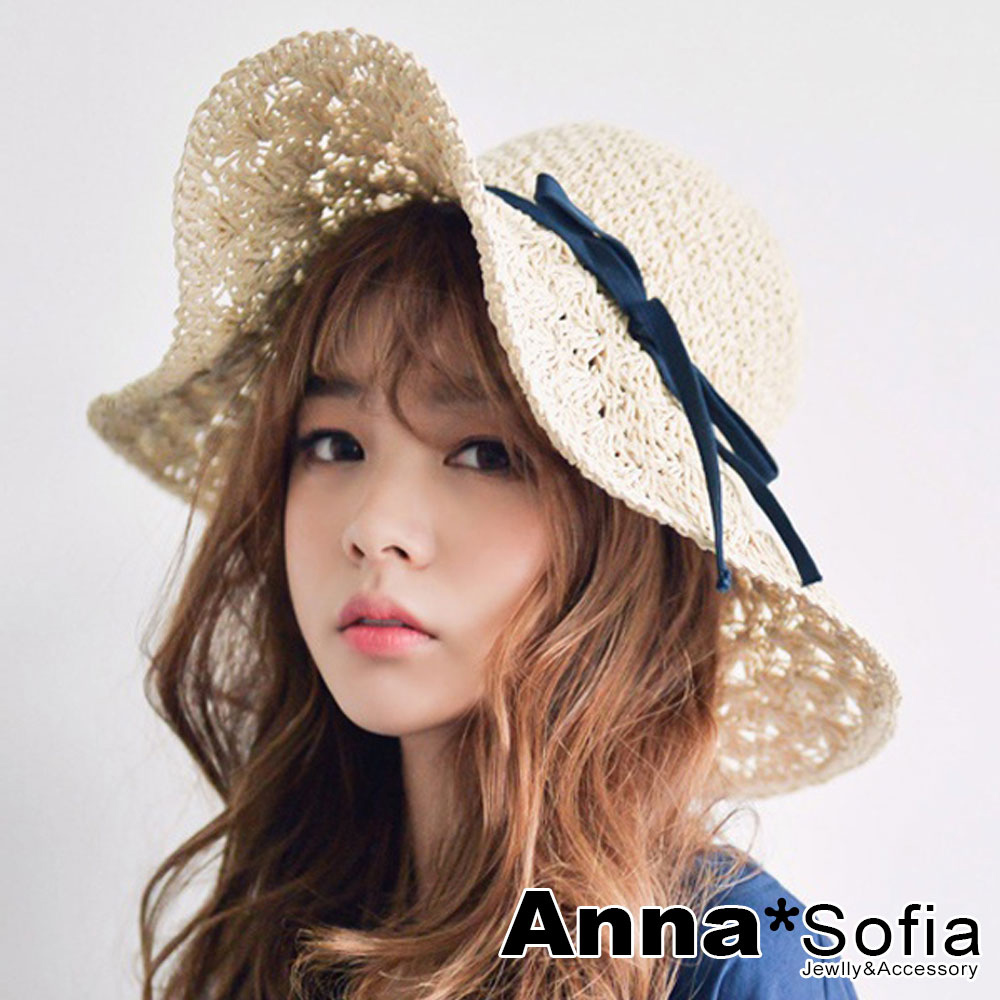 AnnaSofia 手工花編簷黑綁帶 寬簷防曬遮陽草帽(米杏系)