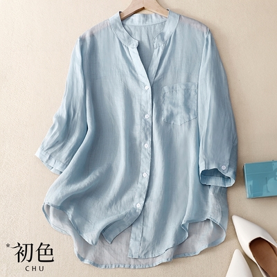 初色 棉麻風格純色透膚涼感寬鬆半開領七分袖襯衫上衣女上衣-共3色-34852(M-2XL可選)