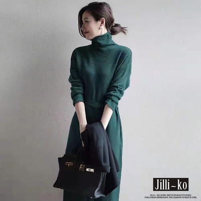 JILLI-KO 高領中長款繫帶收腰女針織連身洋裝- 紫/綠