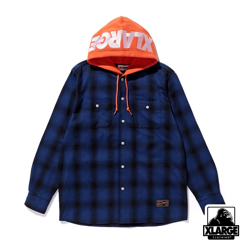 XLARGE  HOODED FLANNEL SHIRT格紋帽T-藍