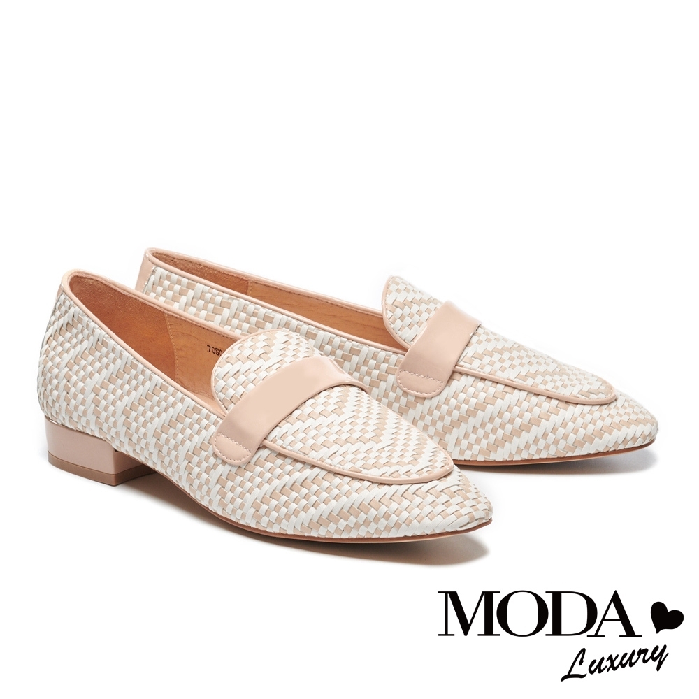 低跟鞋 MODA Luxury 復古清新漆皮條帶雙色編織樂福低跟鞋－米