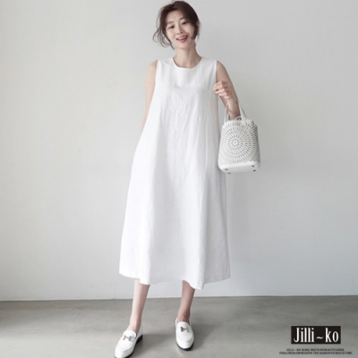 JILLI-KO 韓系棉麻感寬鬆背心裙- 白/黃